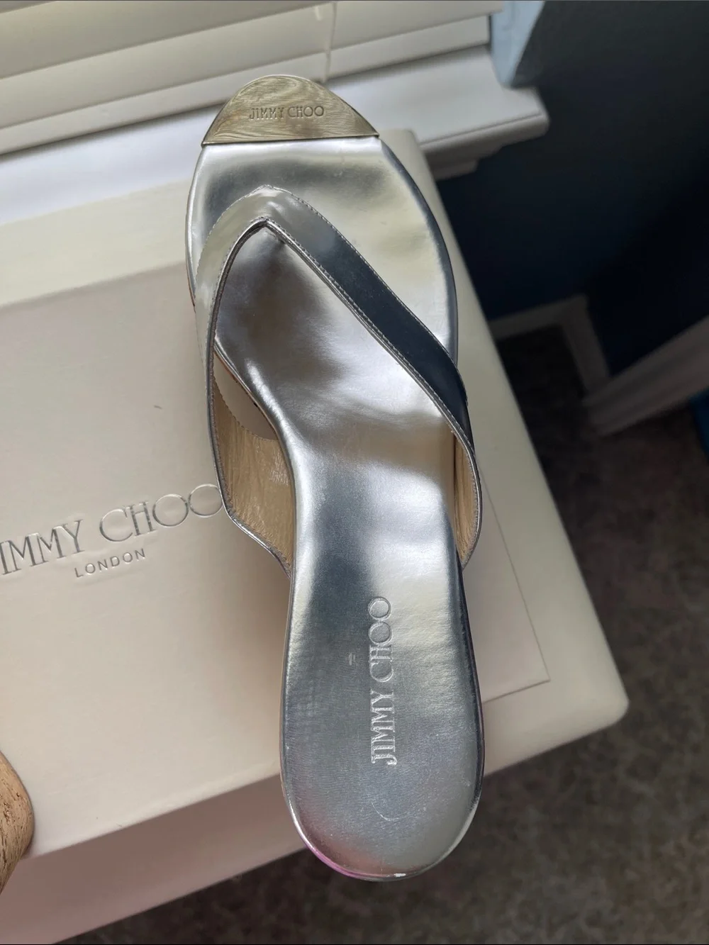 Jimmy Choo Silver Metallic Cork Wedge Thong Sandals